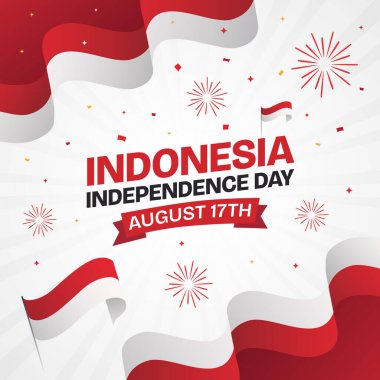 17 Ağustos Bağımsızlık Günü 'nüz kutlu olsun. Güneş patlaması arka planında bayrak kurdelesi ve havai fişekler sallanıyor.