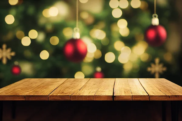 Boş ahşap masa. Bulanık bir Noel penceresinin arka planında Bokeh ile