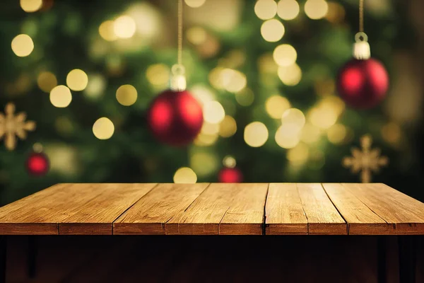 Tavolo Legno Vuoto Sullo Sfondo Sfocato Natale Accogliente Finestra Con Foto Stock