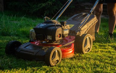 Yeşil çimlerin üzerinde çim biçme makinesi. Çimleri biçmek için makine.