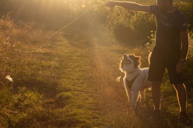 Bir köpekle göl kenarında.
