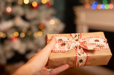 Noel arifesinde eve hediye veren bir kadın.