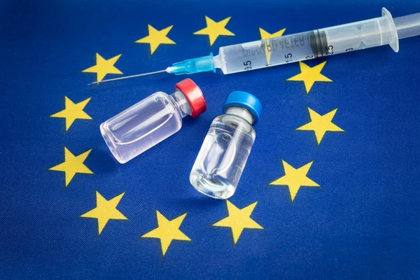 Pharmacology Medicine European Union Concept Vaccine Coronavirus Covid Vaccine Ampoules — Stock Photo, Image
