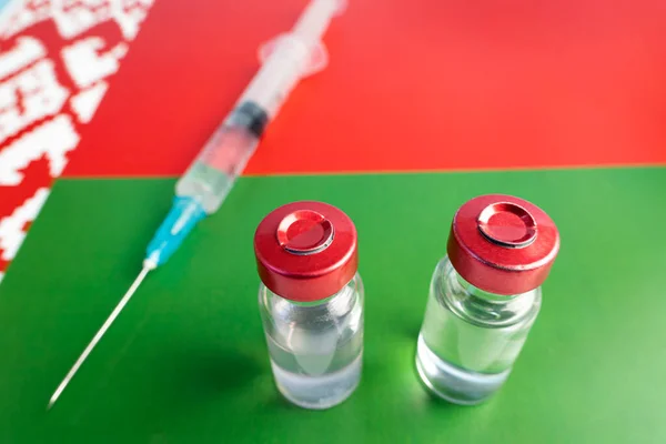 Pharmacology Medicine Belarus Concept Vaccine Coronavirus Covid Vaccine Ampoules Syringe — Stock Photo, Image