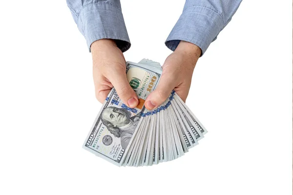Businessman Hand Wearing Suit Holding Dollars Money Fan Isolated White — Stock Photo, Image