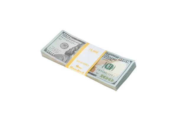 Pacote Dinheiro Americano Num Pacote Dólares Americanos Isolados Fundo Branco — Fotografia de Stock