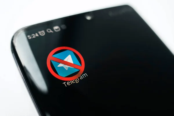 Crossed Out Icon Black Smartphone Screen Concept Banning Application Telegram — Stockfoto