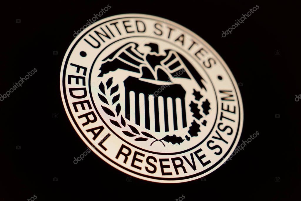 May 19, 2022 Barnaul russia. federal reserve system symbol on a black background