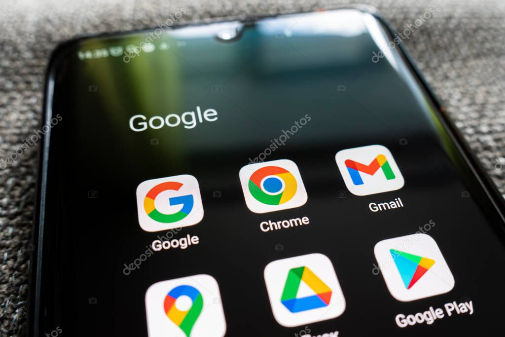Barnaul. Russia. June 21 2022: Google services YouTube, Gmail, Chrome, mail, play, disk icons app on smartphone screen. Google is the biggest Internet search engine in the world.