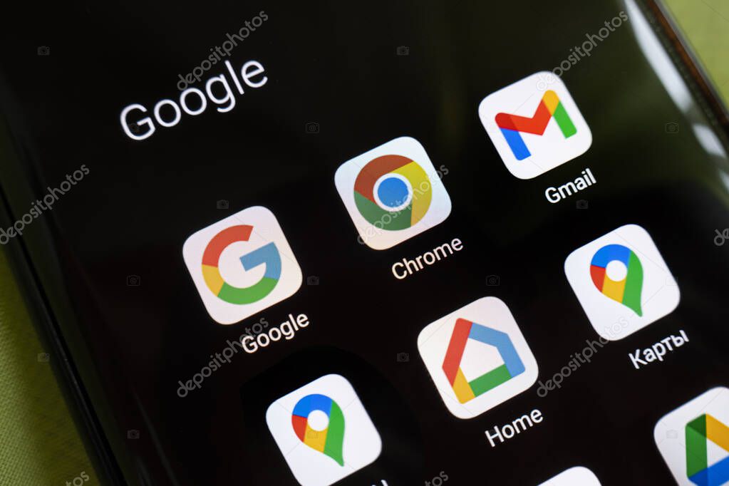 Barnaul. Russia. June 21 2022: Google services apps icons on the screen smartphone. Google is the biggest Internet search engine in the world.