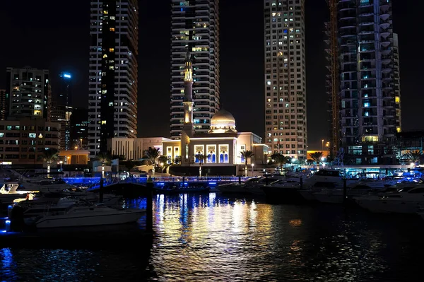 Bateaux Dans Port Dubaï Marina Nuit Dans Des Lumières Vives — Photo