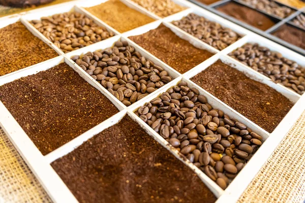 coffee beans close-up. Various types of coffee. whole grains and ground coffee on the counter in the store.