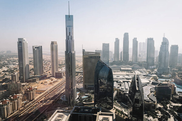Tall skyscrapers against the blue sky. Dubai. UAE