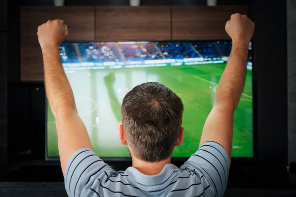 目標だ 自宅でテレビでサッカーの試合を見ている男 夜にサッカーを見ている感情的なファン 後ろからの眺め — ストック写真