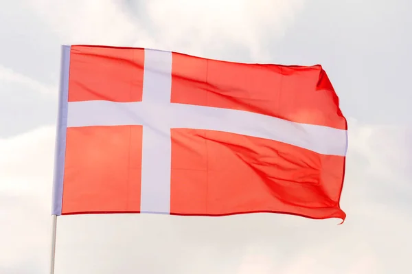 Close Waving Flag Denmark Flag Symbols Denmark Cloudy — Stock Photo, Image