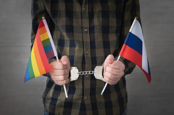 Pouta Ruská Vlajka Vlajka Lgbt Problém Práv Sexuálních Menšin Zemi — Stock fotografie