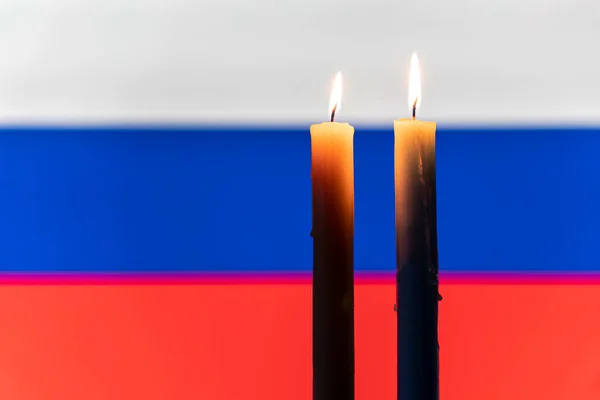 Duelo País Federación Rusa Una Vela Encendida Fondo Bandera Rusa —  Fotos de Stock