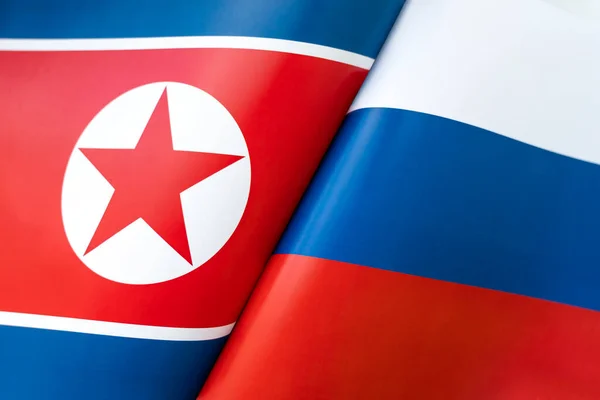 Achtergrond Van Vlaggen Van Noord Korea Rusland Het Begrip Interactie — Stockfoto