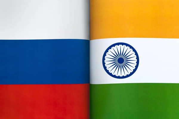 Flaggen Indiens Und Russlands Das Konzept Der Internationalen Beziehungen Zwischen — Stockfoto