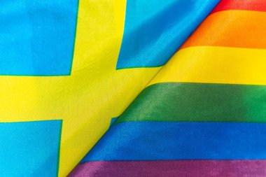 Rus bayrağı ve LGBT topluluğunun bayrağı. Ülkedeki cinsel azınlıkların hakları sorunu. İnsan haklarının korunması ve ihlali. Geleneksel olmayan ilişkiler ve politika kavramı.
