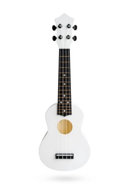 Küçük Hawaii gitar dizisi beyaz arka planda izole edilmiş ve kırpma yolu ile izole edilmiş. Müzik aletleri mağazası ya da öğrenme konsepti