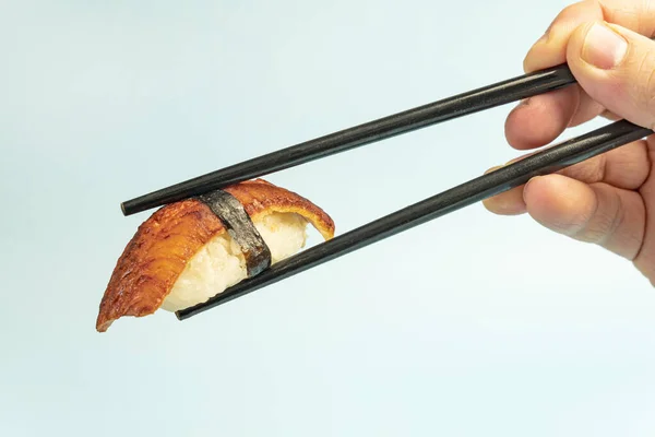 Sushi Nigiri Met Paling Unagi Blauwe Achtergrond Japanse Traditionele Keuken — Stockfoto