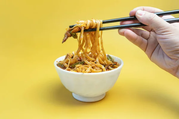 Udon Ανακατέψτε Τηγανίζουμε Noodles Κρέας Κοτόπουλου Και Σουσάμι Μπολ Κίτρινο — Φωτογραφία Αρχείου