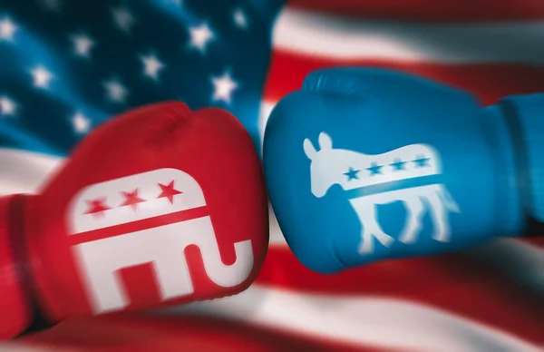 stock image boxing gloves with symbols of USA parties on background of American flag. Concepts of opposition between Republicans and Democrats in congressional elections. motion blur effect. August 24, 2022