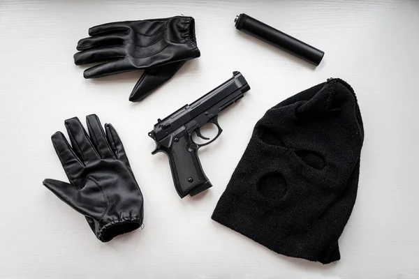 Gloves Pistol Black Mask White Table Evidence Search Robber Murderer — Stock Photo, Image