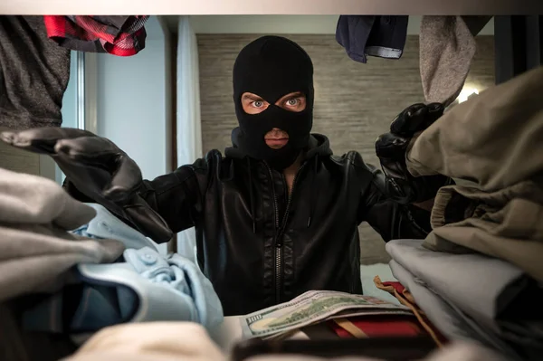 Thief Black Mask Searches Wardrobe Search Money Valuables Concept Apartment — Stock Photo, Image