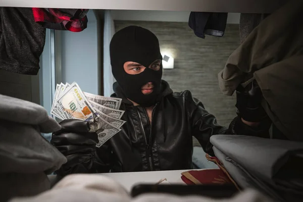 Thief Black Mask Searches Wardrobe Search Money Valuables Concept Apartment — Stock Photo, Image