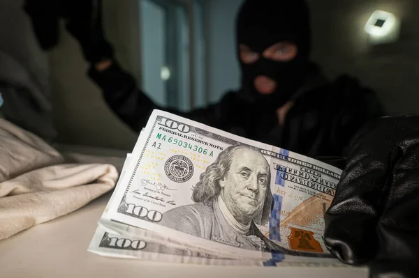 Thief Black Mask Searches Closet Clothes Search Cash Valuables Apartment — Stock Photo, Image