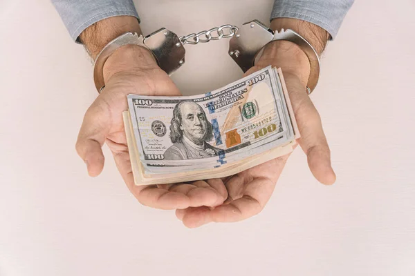 Business Man Handcuffs Arrested Bribe Money Dollars Man Hand Handcuffs — Stock Photo, Image