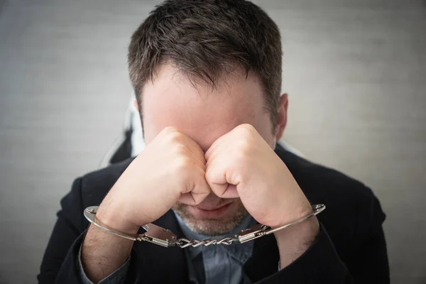 Sad Man Crying Handcuffs Corrupt Official Police Questioning Guy Jacket — Stock Photo, Image