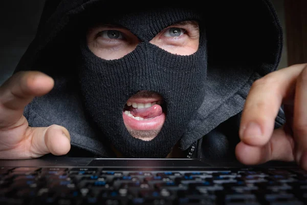 Pervert Maniac Hacker Sits Dark Computer Looks Screen — Stock Photo, Image
