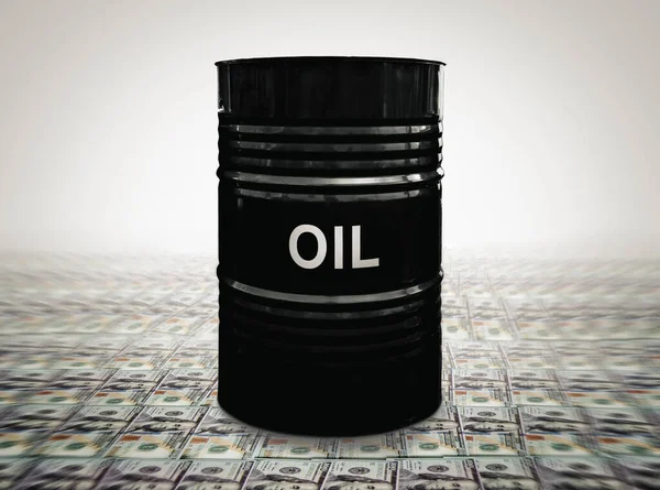 以美元为背景的油桶 一个装有题词油的黑色枪管值一美元 出售石油赚钱的概念 — 图库照片