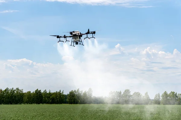 Tecnologie Moderne Agricoltura Drone Industriale Vola Sopra Campo Verde Spruzza — Foto Stock