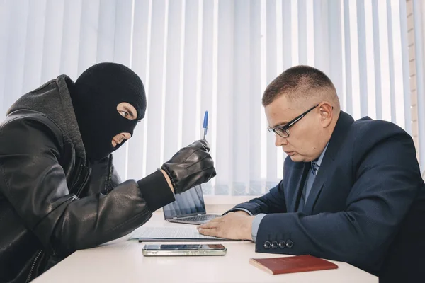 Businessman Robbers Sitting Table Racketeer Black Balaclava Forces Sign Contract — Stock Photo, Image