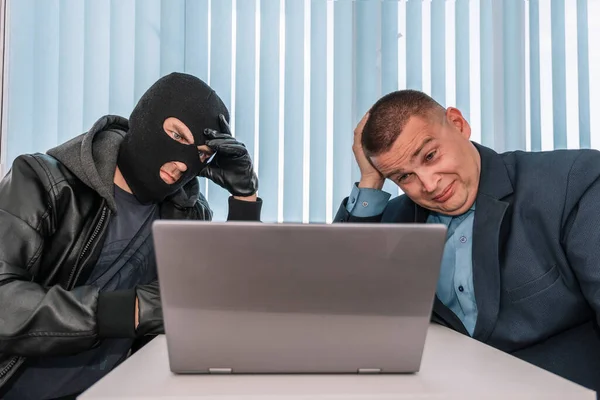 Extortionist Thief Demands Money Businessman Office Theft Personal Data Bank — Stock Photo, Image