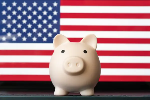 stock image Piggy bank on USA flag background. The problem is in the economy. economic crisis. Saving money concept.