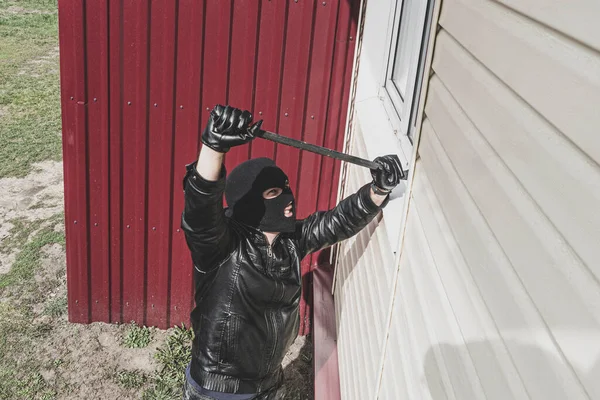 Thief Balaclava Breaking Glass Window Enter House Criminal Concept Burglary — Stock Photo, Image