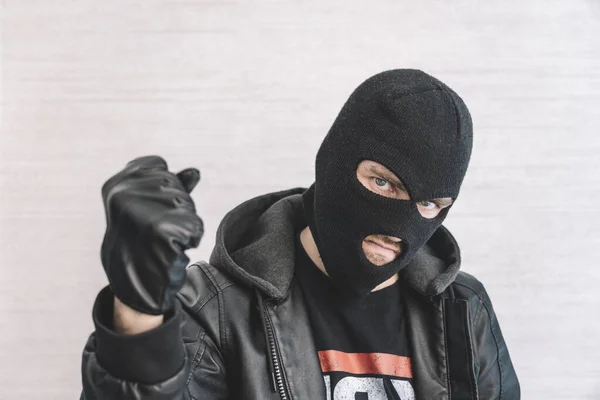 Thief Black Jacket Man Black Balaclava Evil Expression His Face — Stock Photo, Image