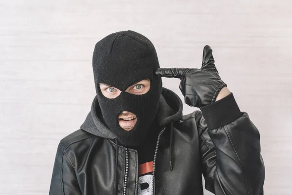 Thief Black Jacket Man Black Balaclava Evil Expression His Face — Stock Photo, Image