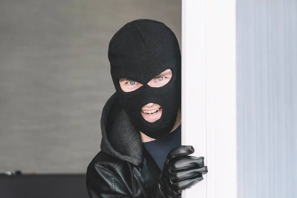 Stealthy Criminal Wearing Black Balaclava Sneaking House Window Glass Door — Stock Photo, Image