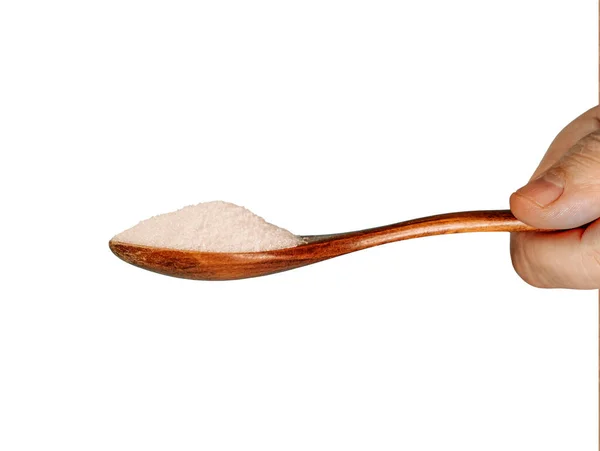 Ruka Cukr Dřevěné Lžíce Izolované Bílém Pozadí — Stock fotografie