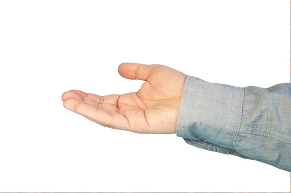 Рука Человека Рубашке Умоляет Изолированное Белом Фоне Ладонью Вверх Закрывай — стоковое фото