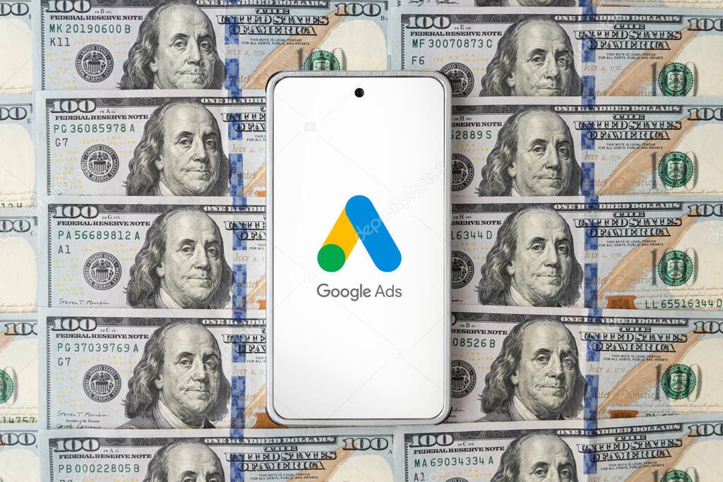 Smartphone screen close-up. Google Ad Words icon. Google ads Adwords application. March 30, 2023. Barnaul. Russia.