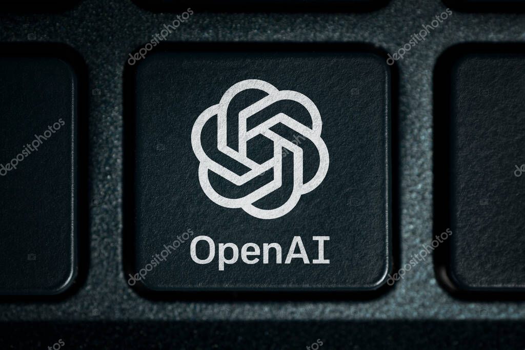 Open AI - American company engaged in the development and licensing of machine learning-based technologies. logo OpenAI on a black keyboard. Barnaul. Russia March 28, 2023