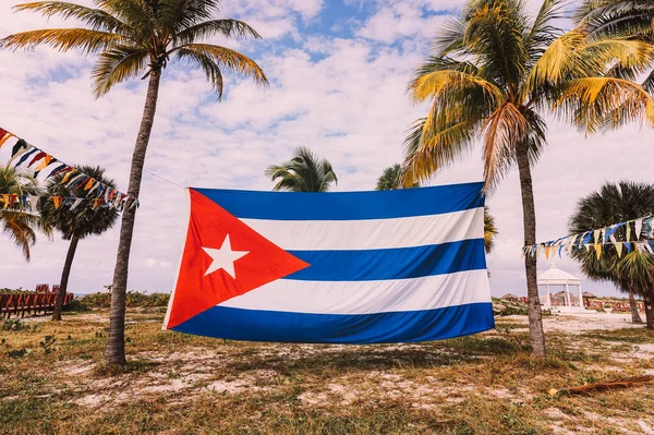 Μια Μεγάλη Σημαία Της Κούβας Κρέμεται Ανάμεσα Φοίνικες Στην Παραλία — Φωτογραφία Αρχείου