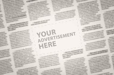 Kopya alanı bir gazete reklam burada bulanık bir arka plan üzerinde wrtitten kelime ile kapatın. İş kavramı. Reklam kağıt sayfasına ekleme. Mockup bir gazete reklam sütun.